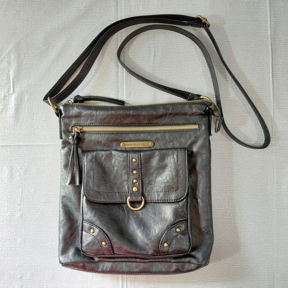 Stone Mountain USA Studded Crossbody Bag Black Adjustable Strap Faux Leather